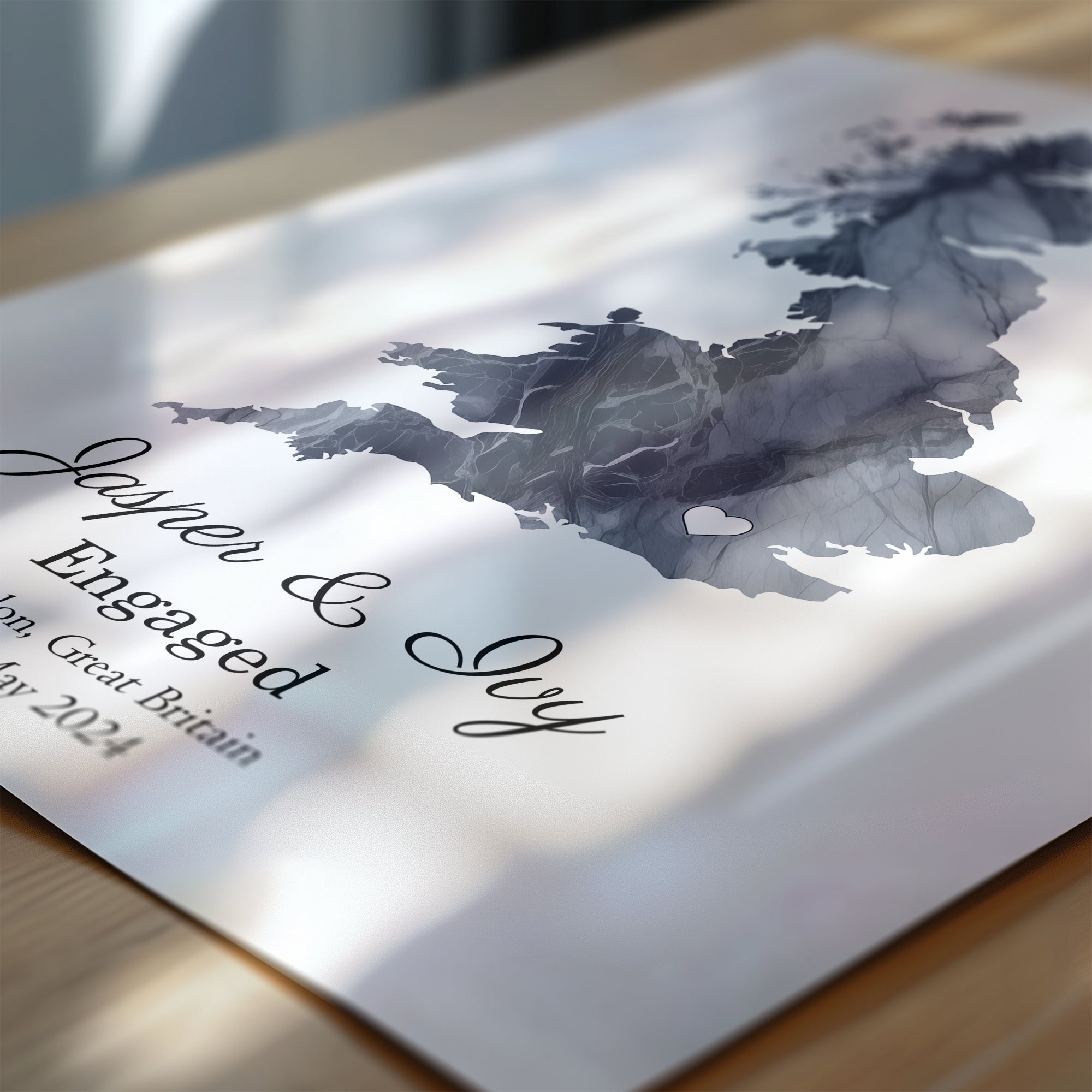 Personalized Engagement Dark Marble Effect Map Print - Any Country