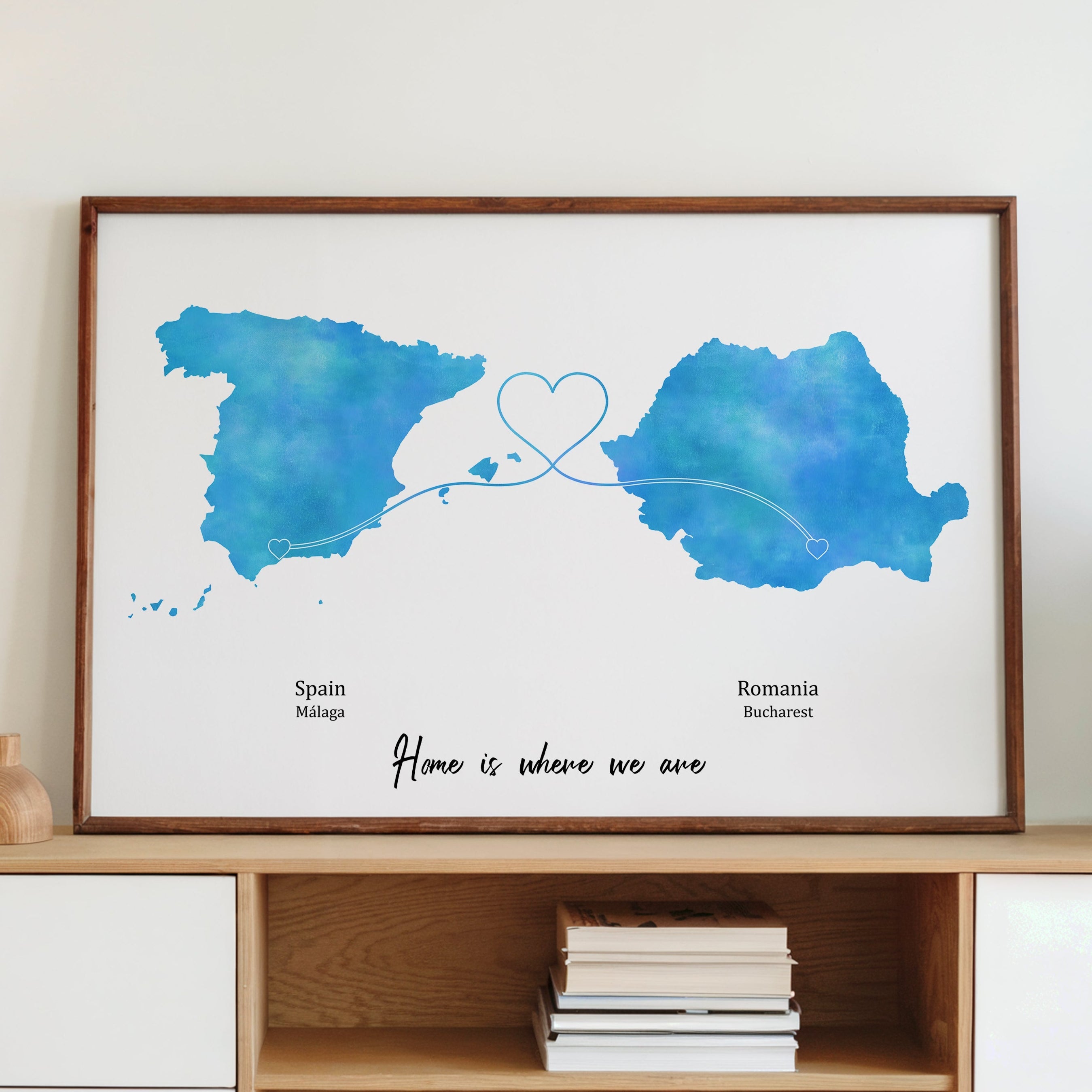 Personalised Travel Map Print – Any Two Locations – Heart Link Design