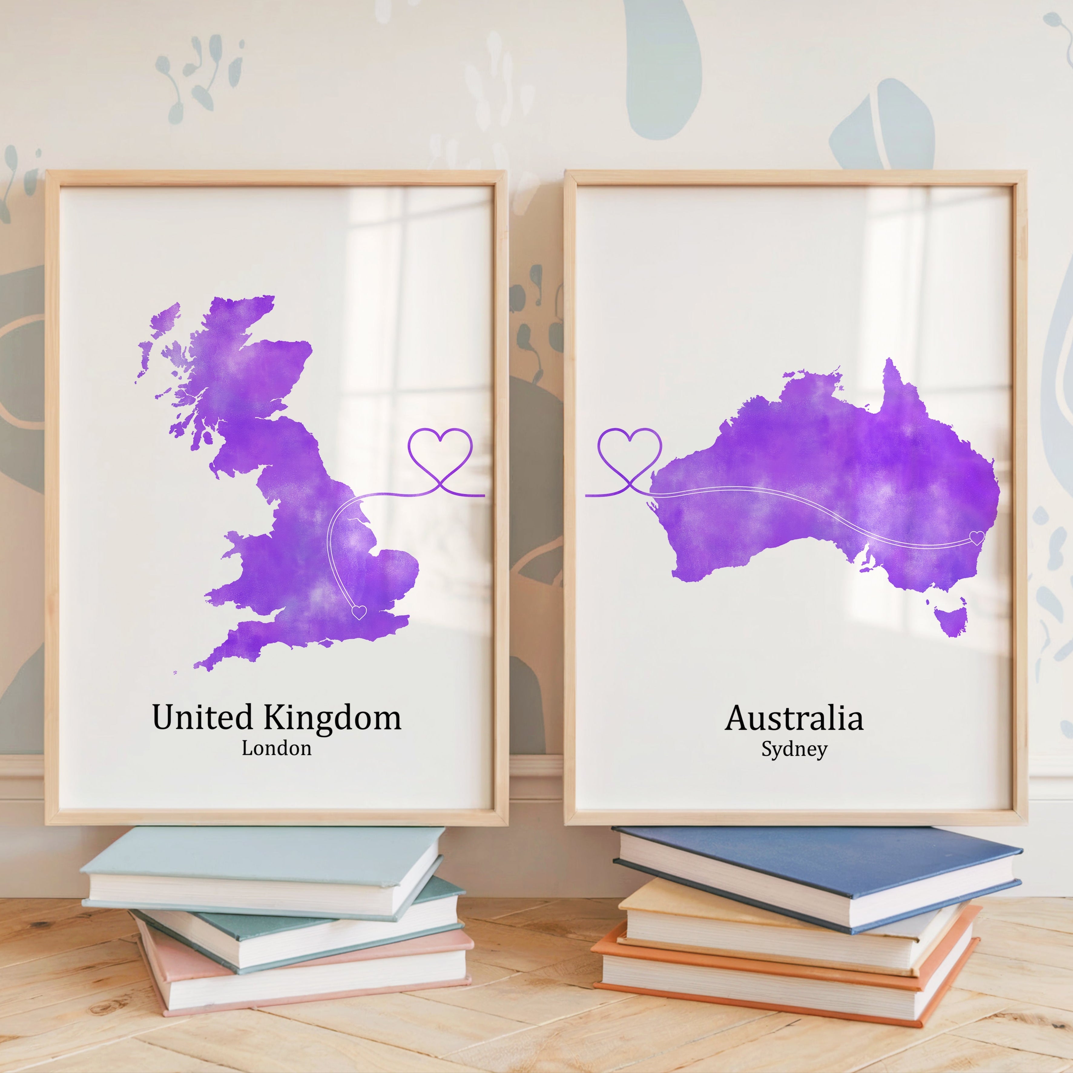 Personalized Country Travel Art Prints – Set of Two Posters – Heart Link Design