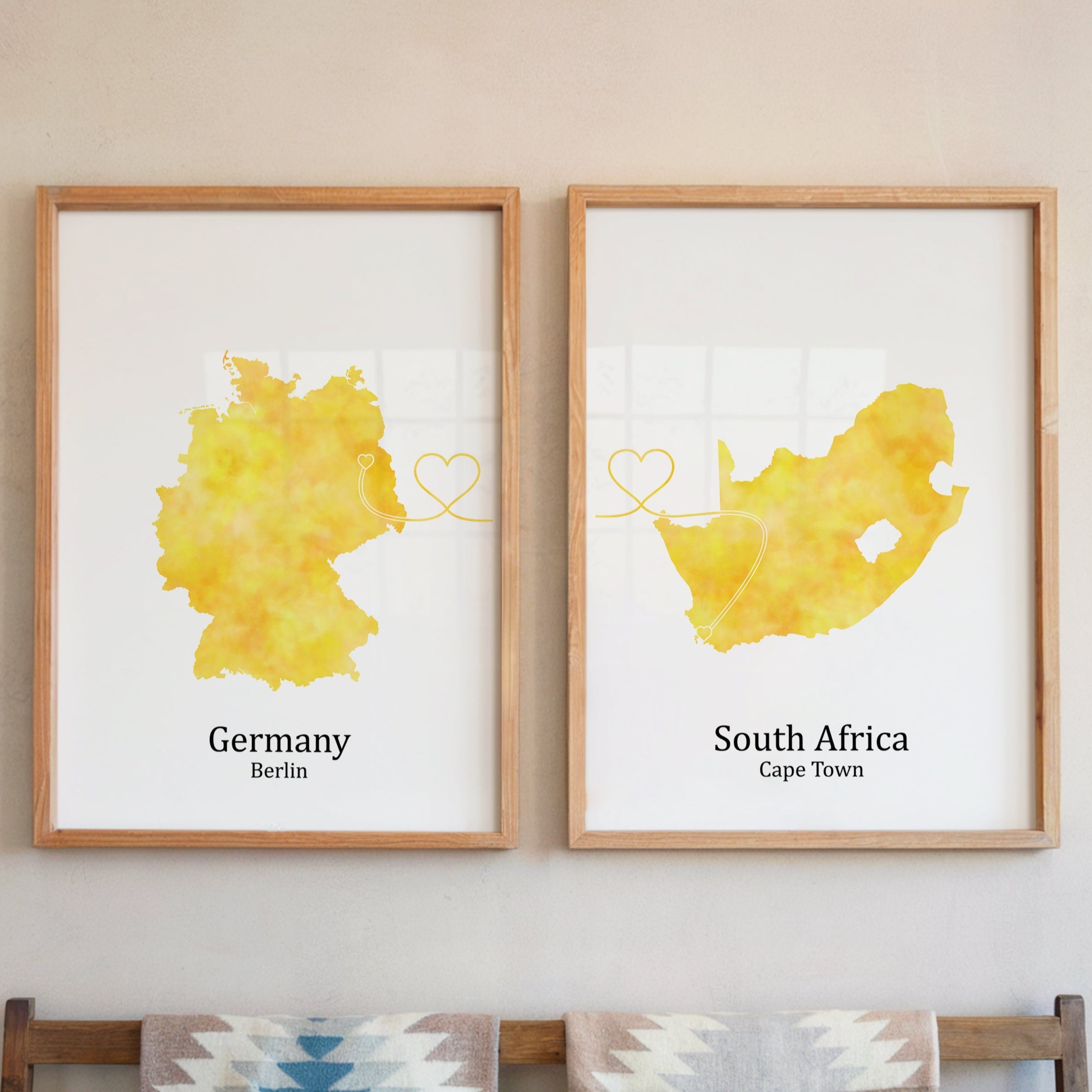 Personalized Country Travel Art Prints – Set of Two Posters – Heart Link Design