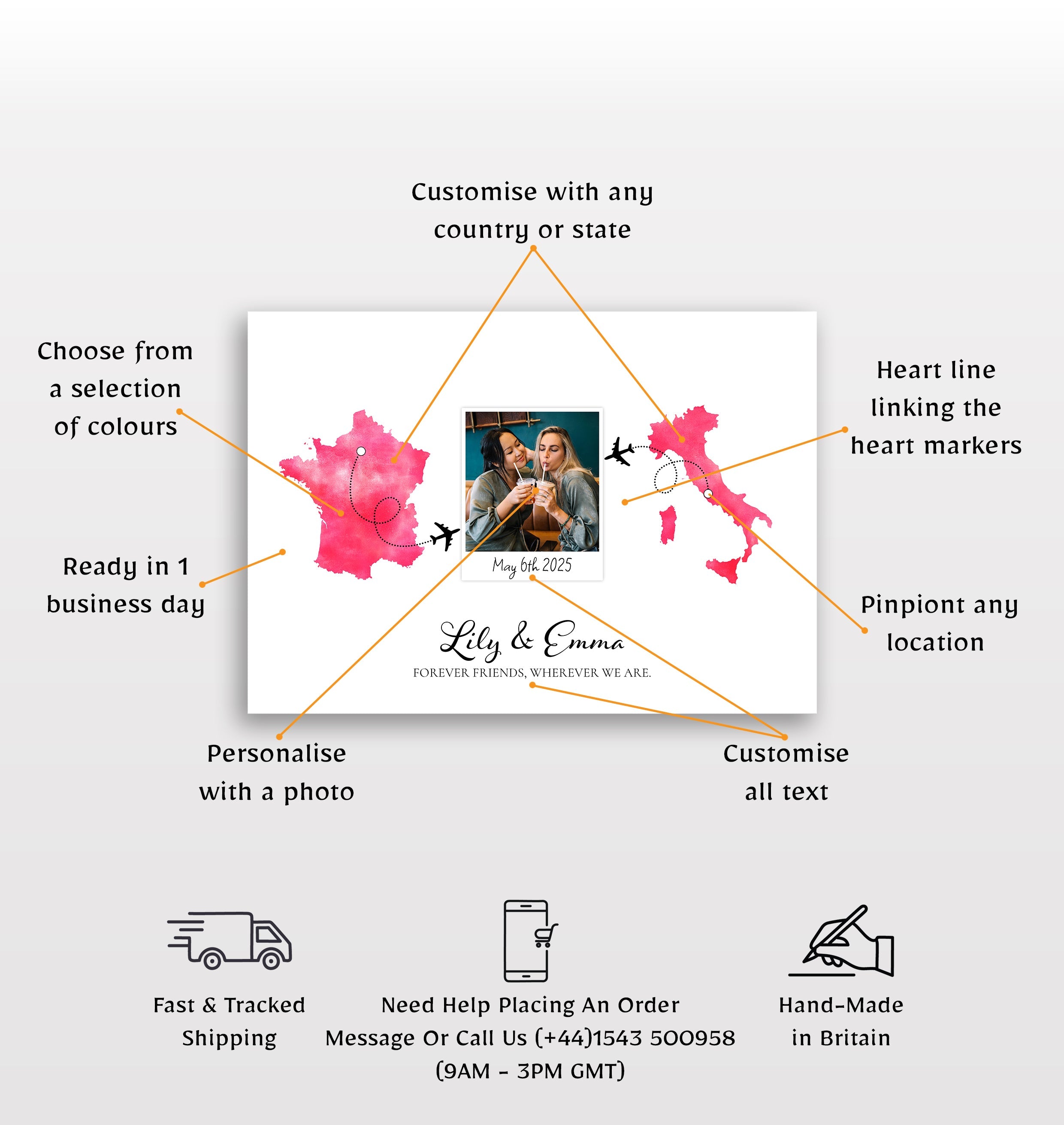 Personalised Polaroid Photo Travel Map Print – Any Two Locations – Perfect Gift for Friends Abroad