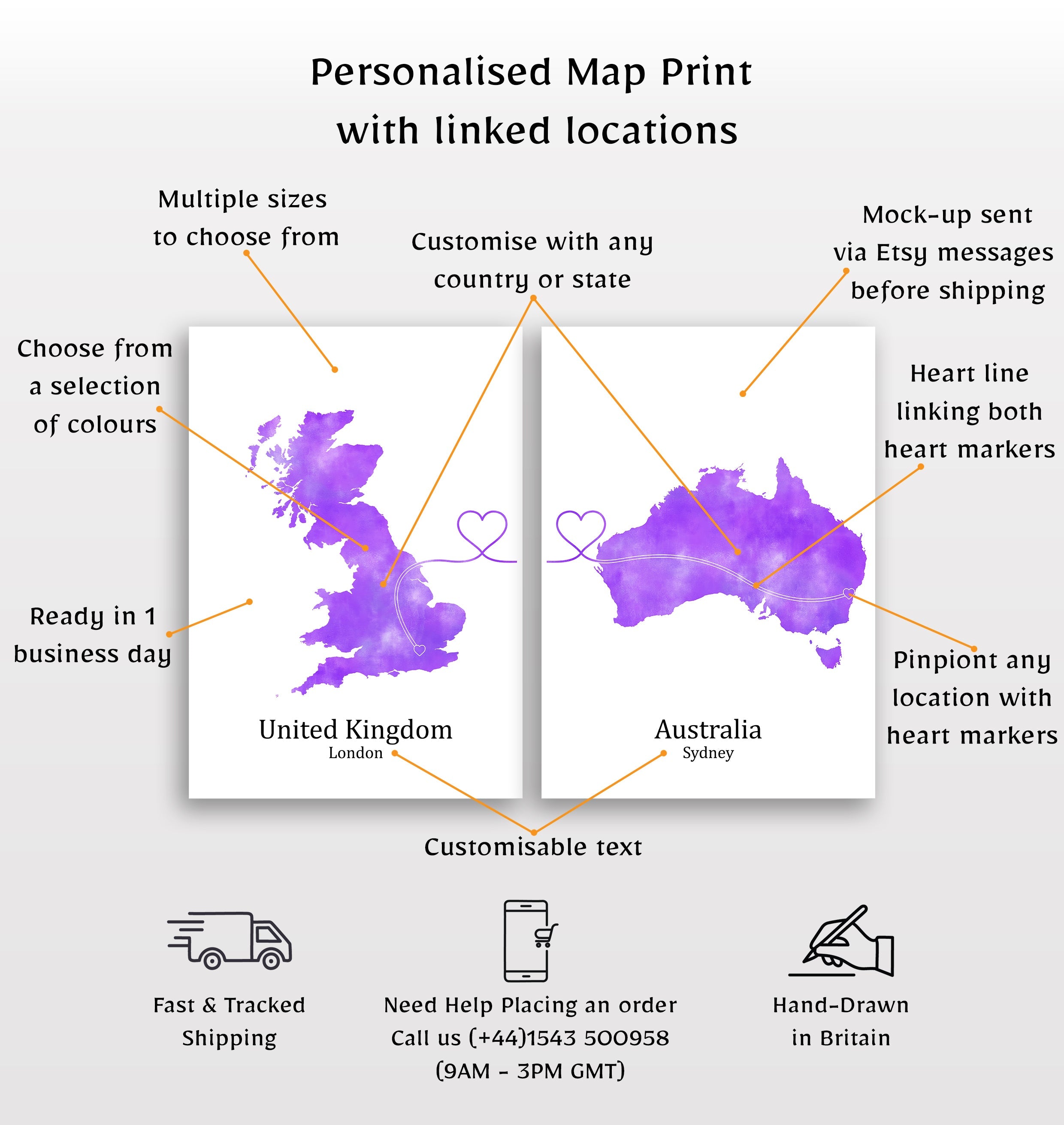 Personalized Country Travel Art Prints – Set of Two Posters – Heart Link Design