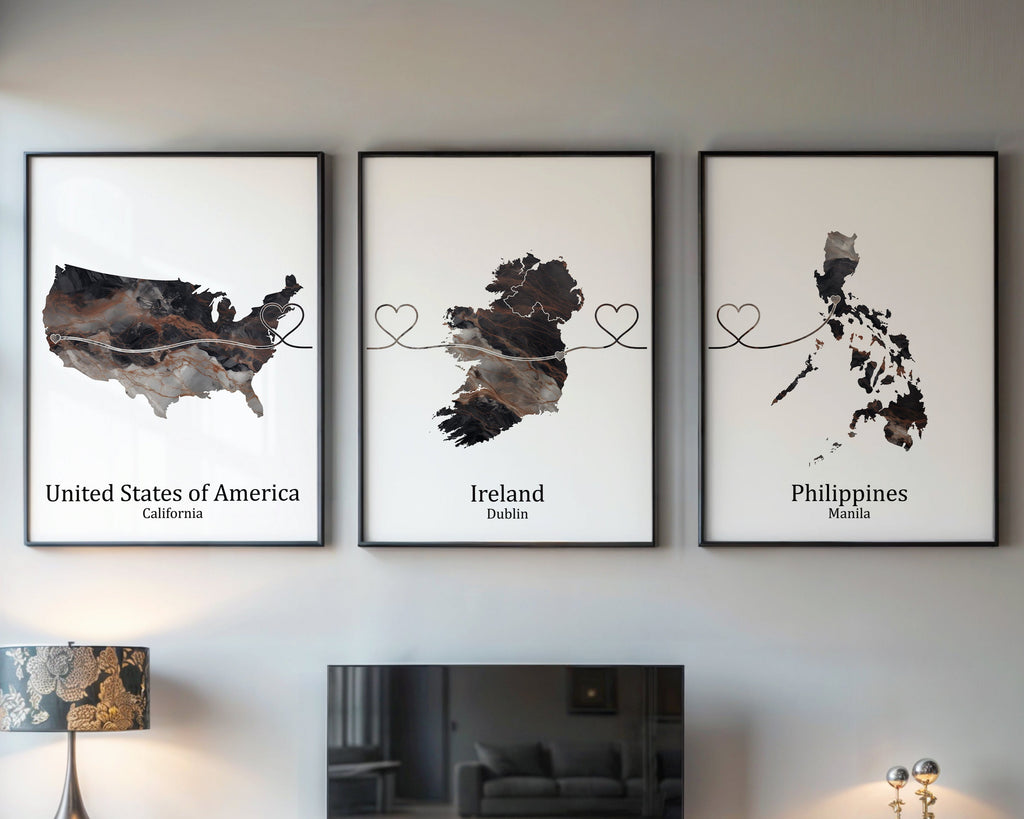 Personalised Dark Marble Effect Three Location Prints