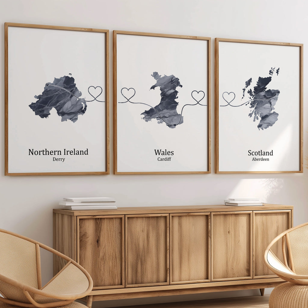 Personalised Dark Marble Effect Three Location Prints