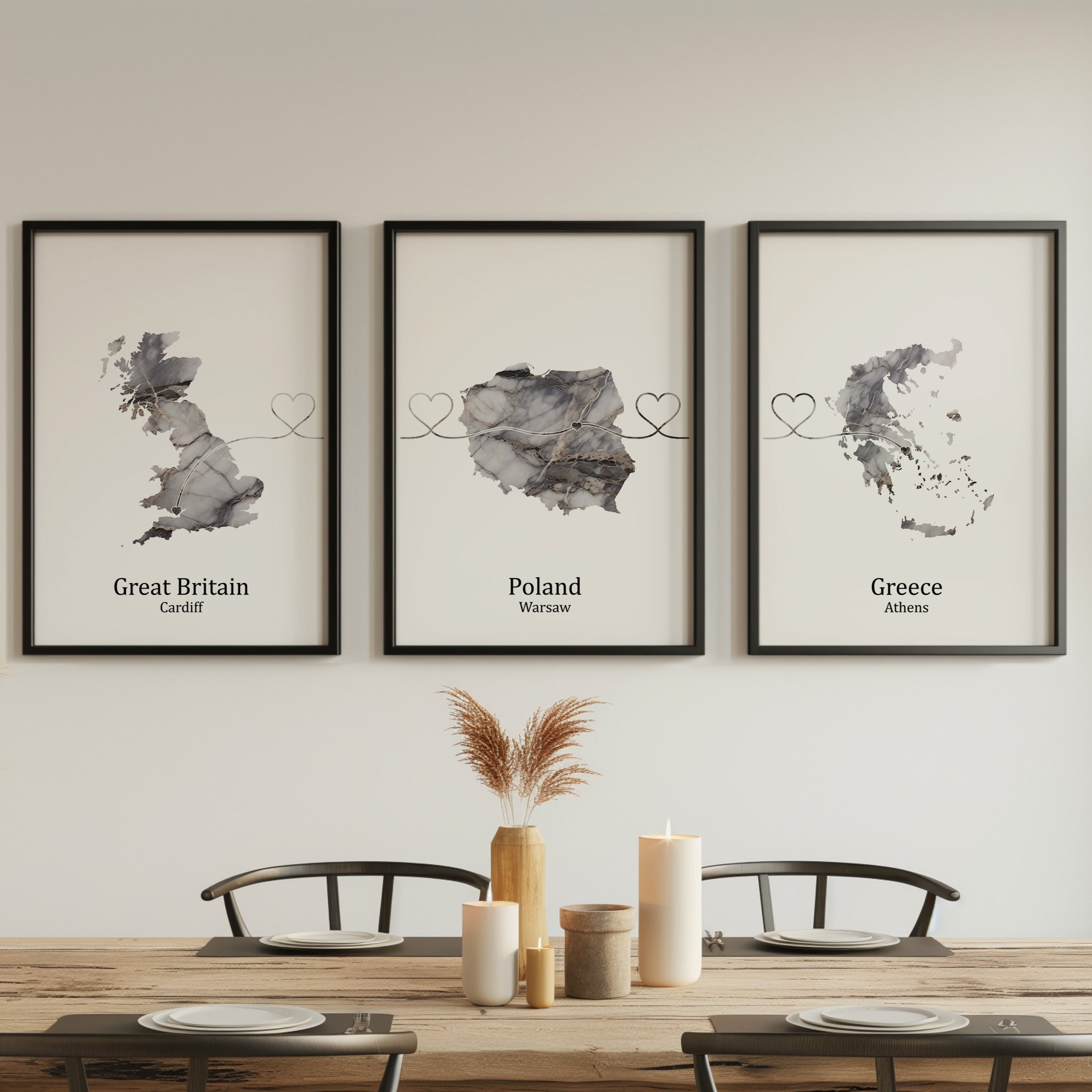 Personalised Dark Marble Effect Three Location Prints
