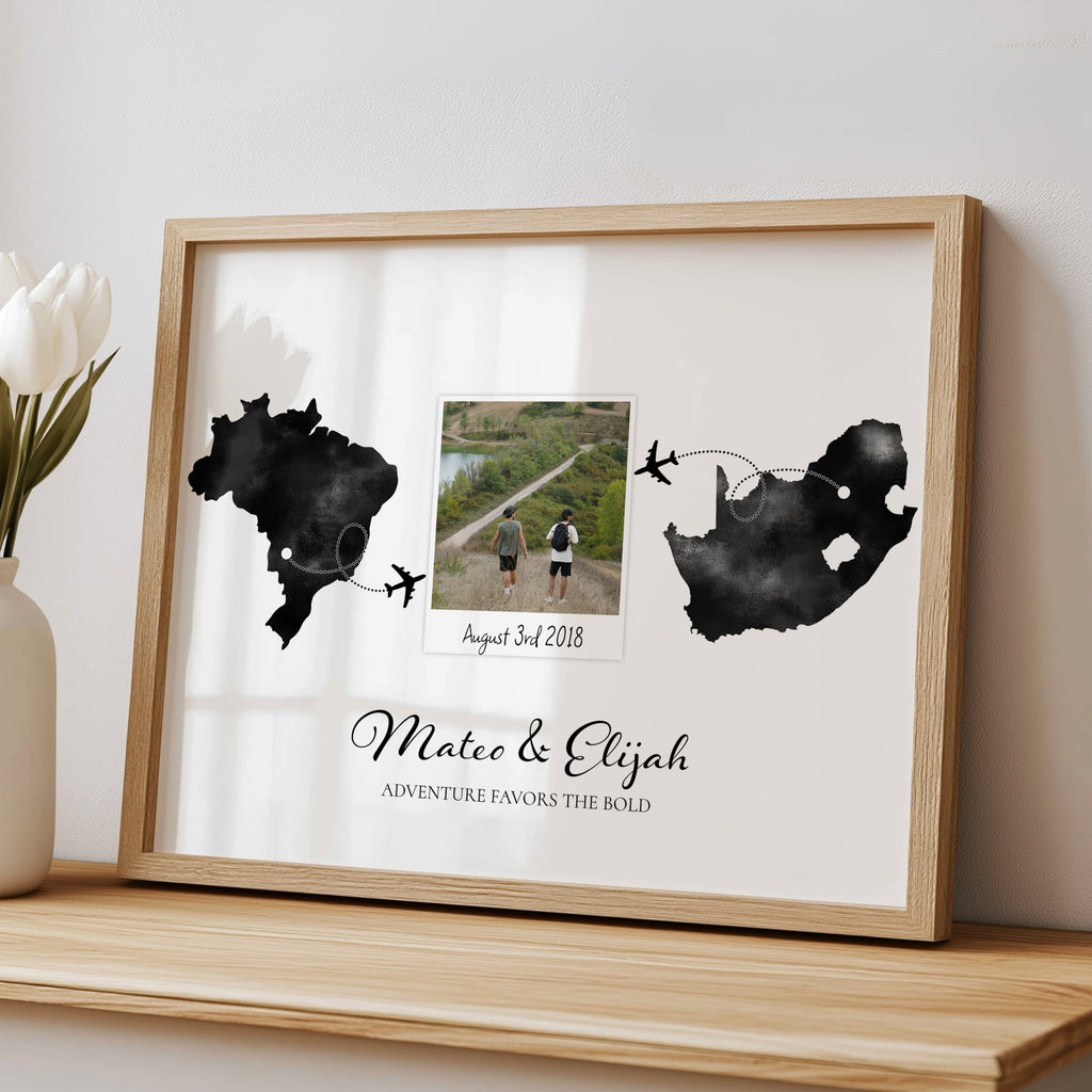 Personalised Polaroid Photo Travel Map Print – Any Two Locations – Perfect Gift for Friends Abroad