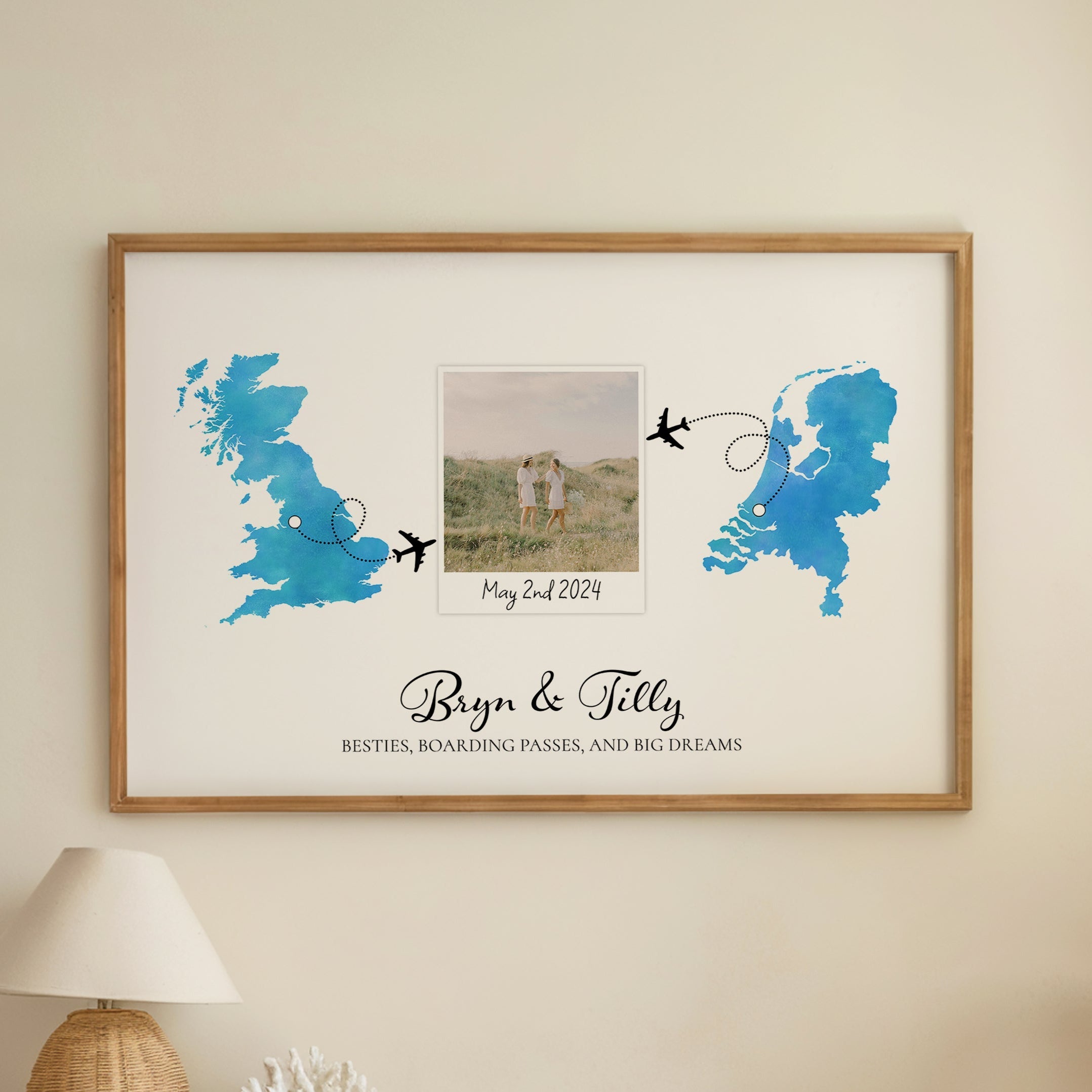 Personalised Polaroid Photo Travel Map Print – Any Two Locations – Perfect Gift for Friends Abroad