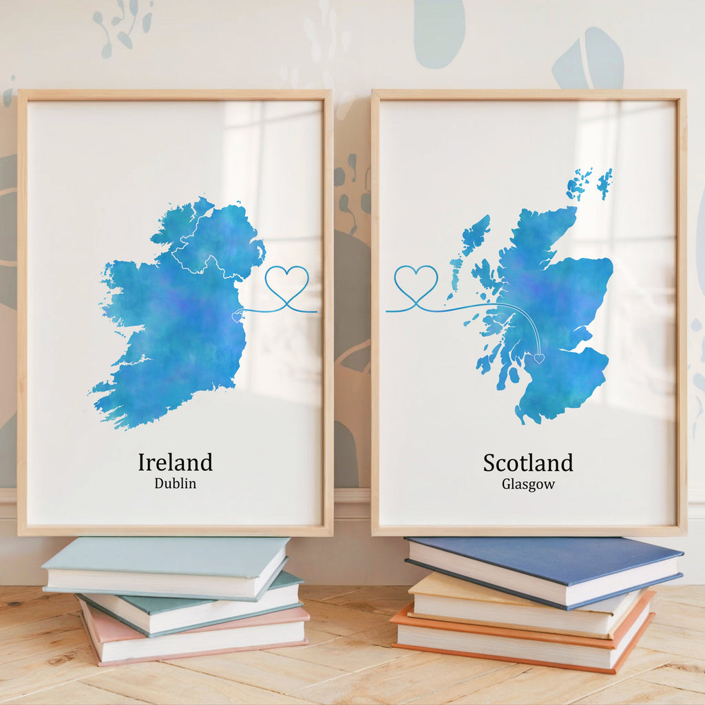 Personalized Country Travel Art Prints – Set of Two Posters – Heart Link Design