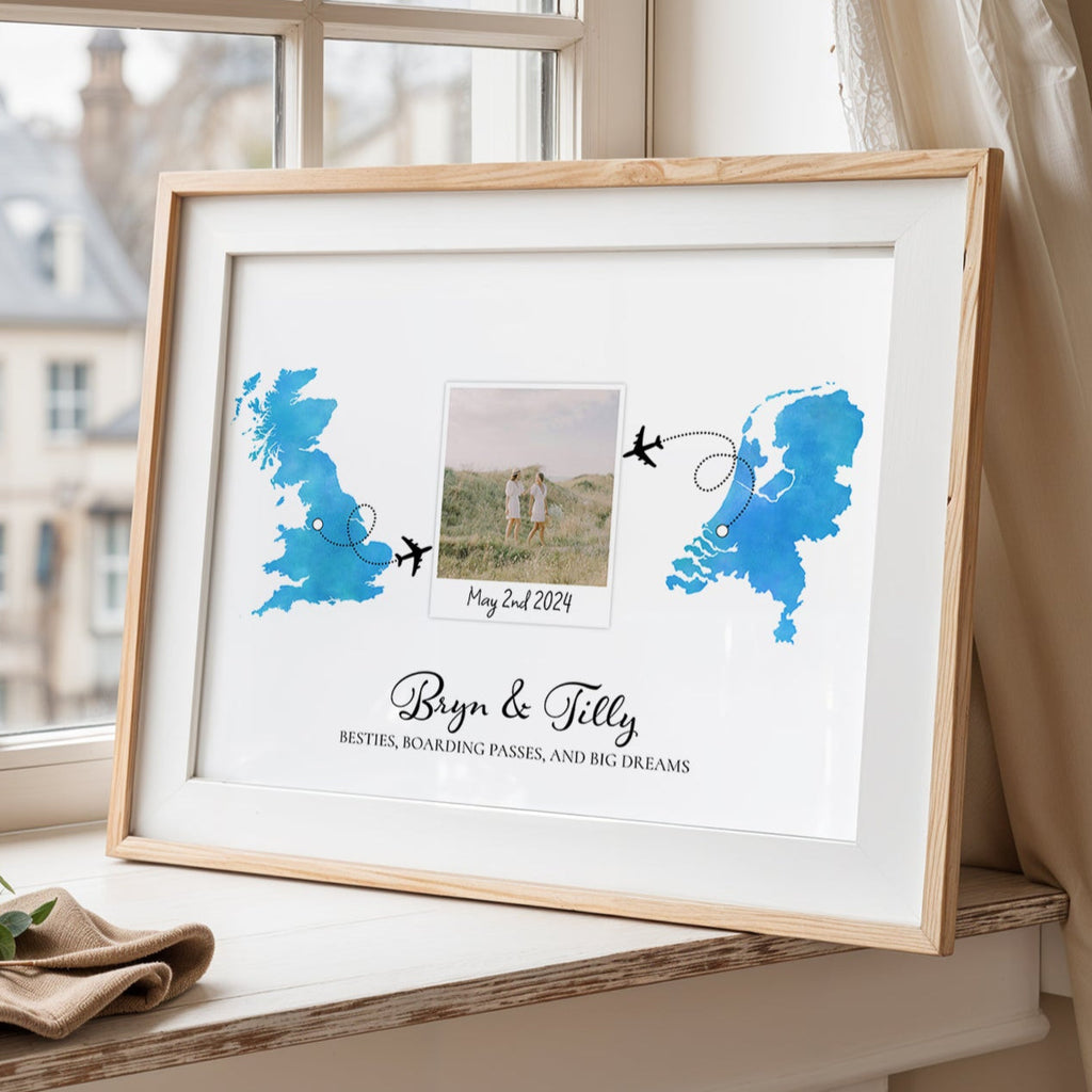 Personalised Polaroid Photo Travel Map Print – Any Two Locations – Perfect Anniversary or Wedding Gift