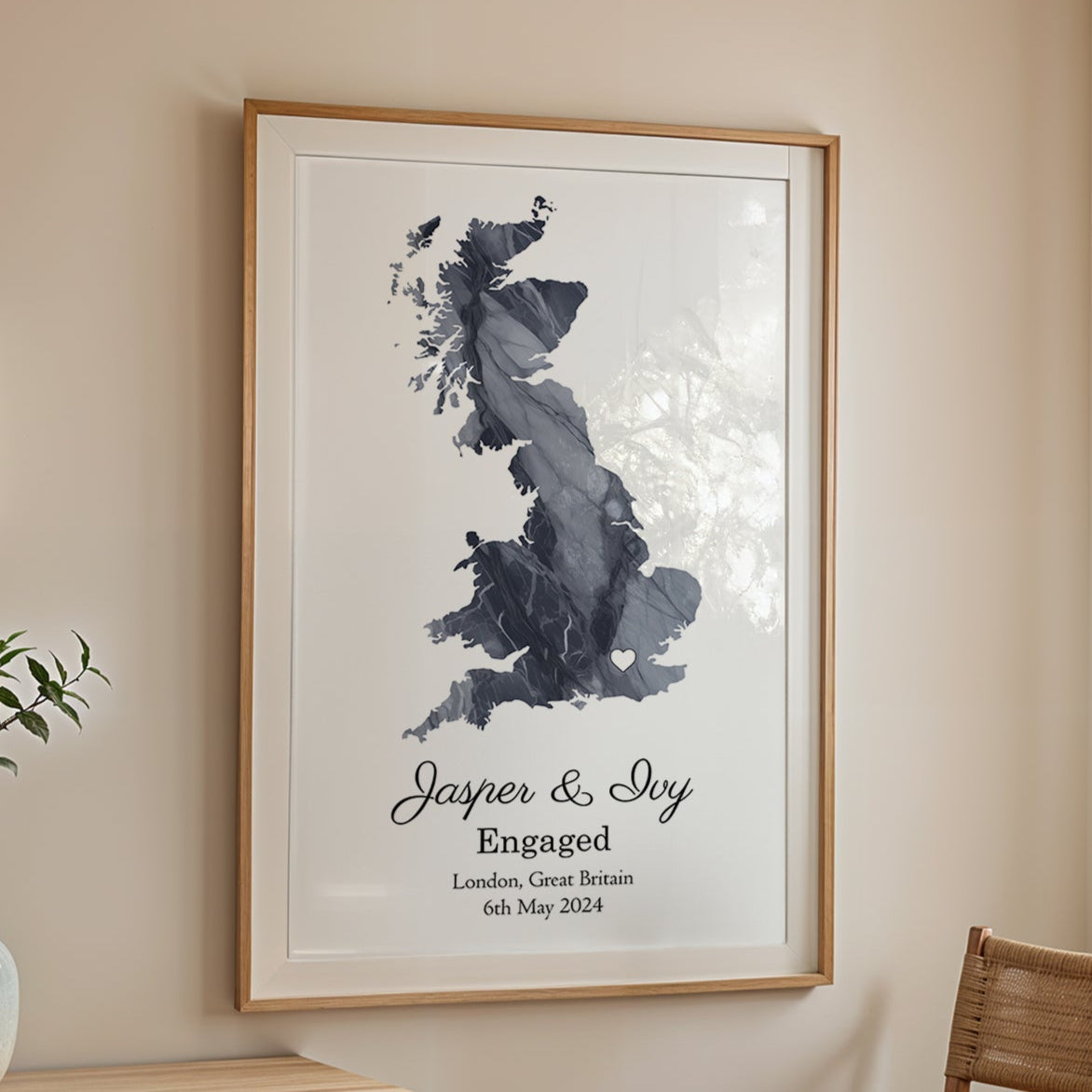 Personalized Engagement Dark Marble Effect Map Print - Any Country