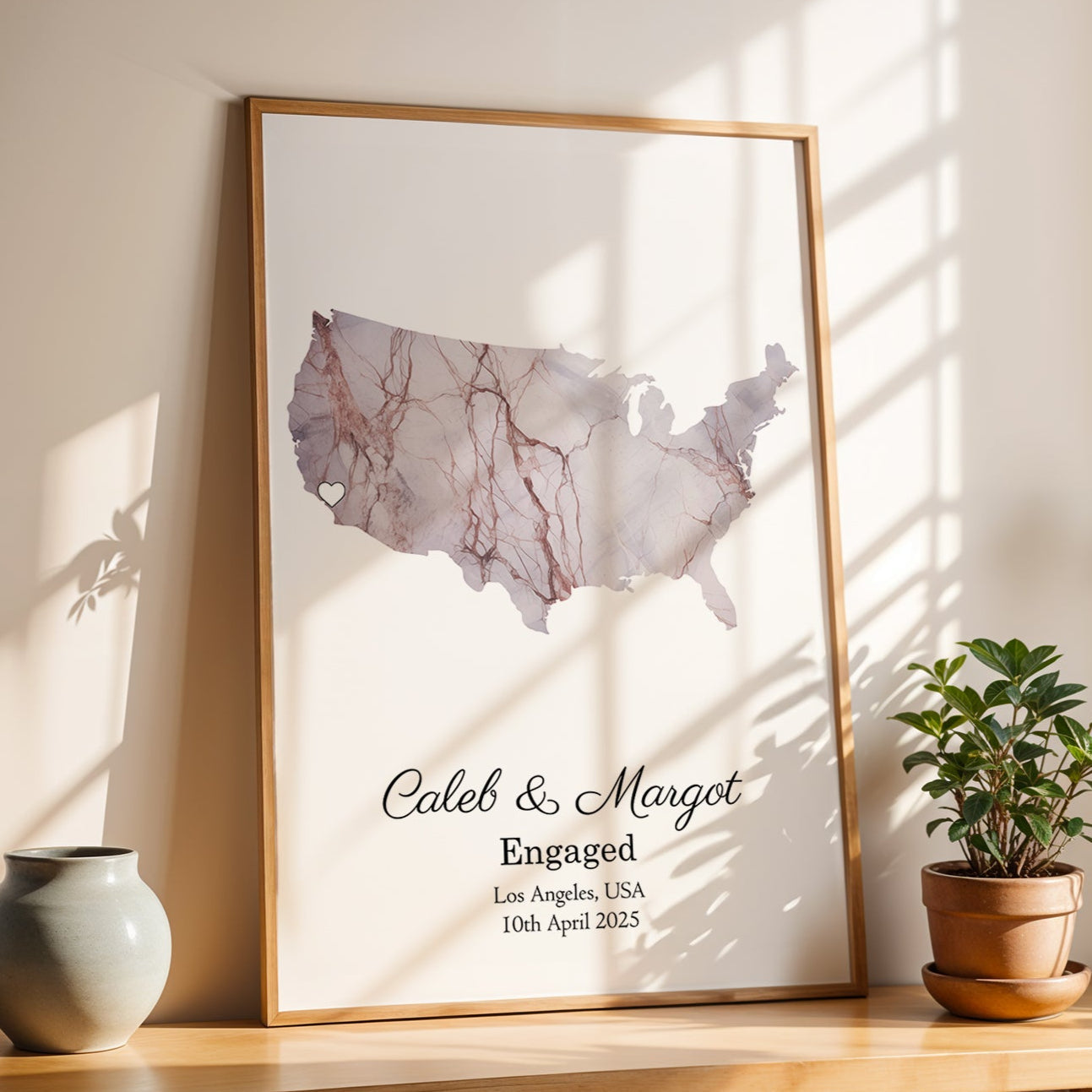 Personalized Engagement Light Marble Effect Map Print - Any Country
