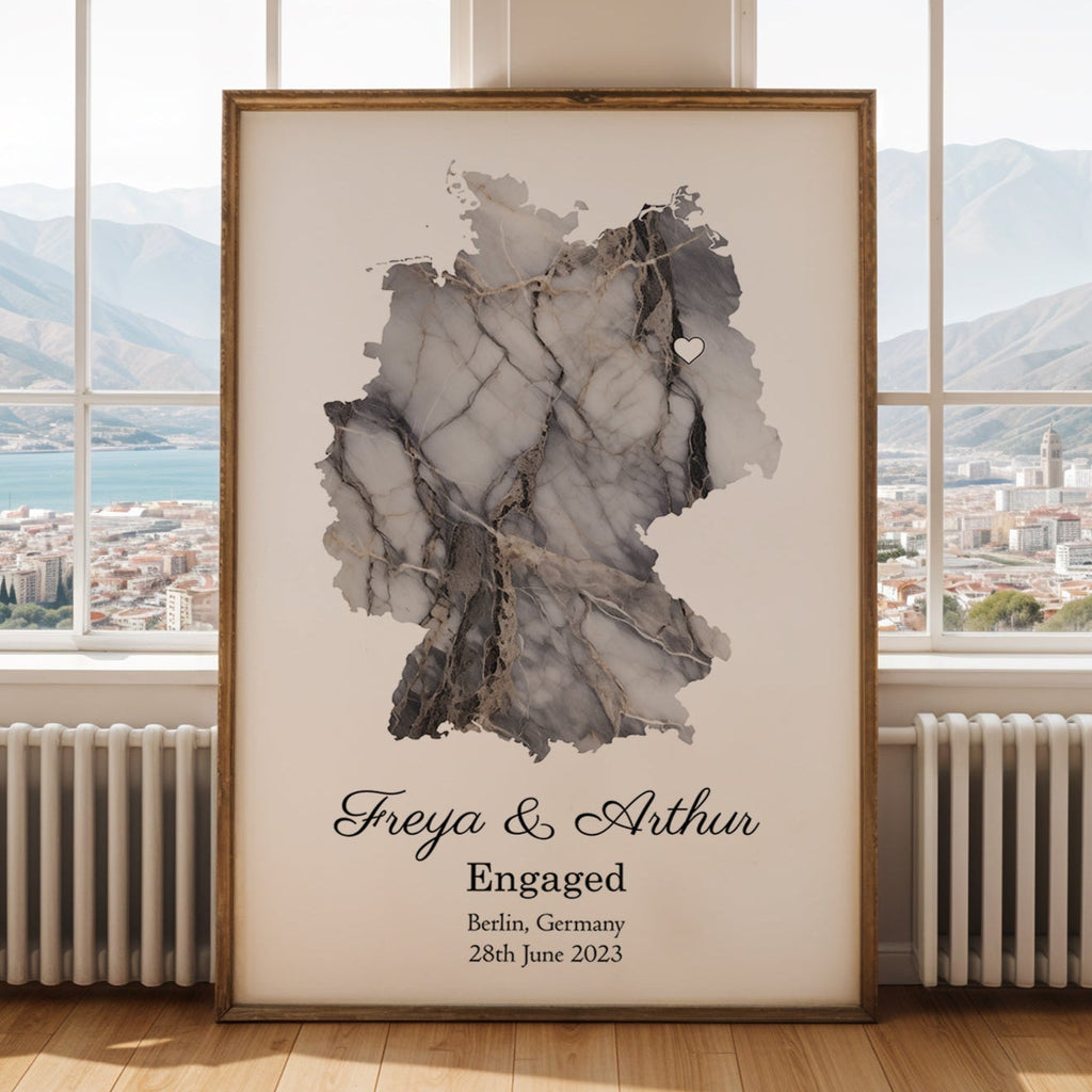 Personalized Engagement Dark Marble Effect Map Print - Any Country