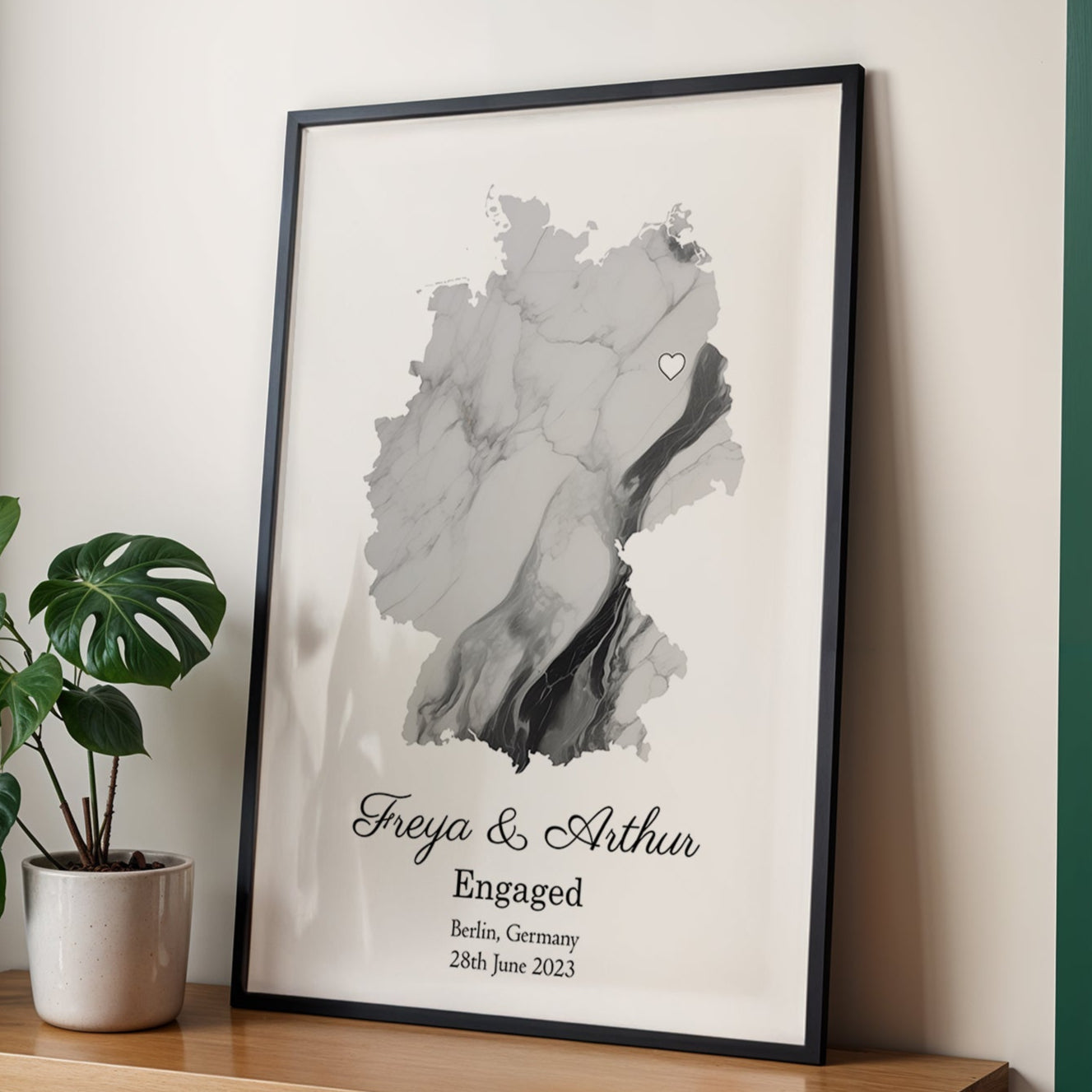 Personalized Engagement Light Marble Effect Map Print - Any Country