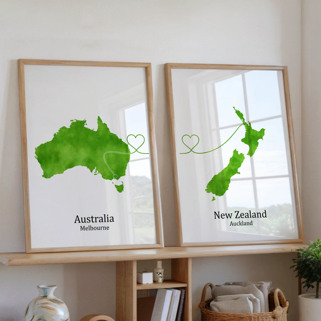 Personalized Country Travel Art Prints – Set of Two Posters – Heart Link Design