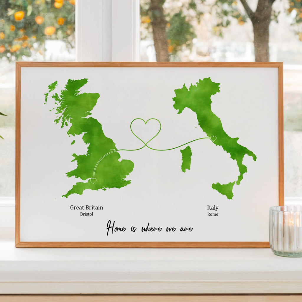 Personalised Travel Map Print – Any Two Locations – Heart Link Design