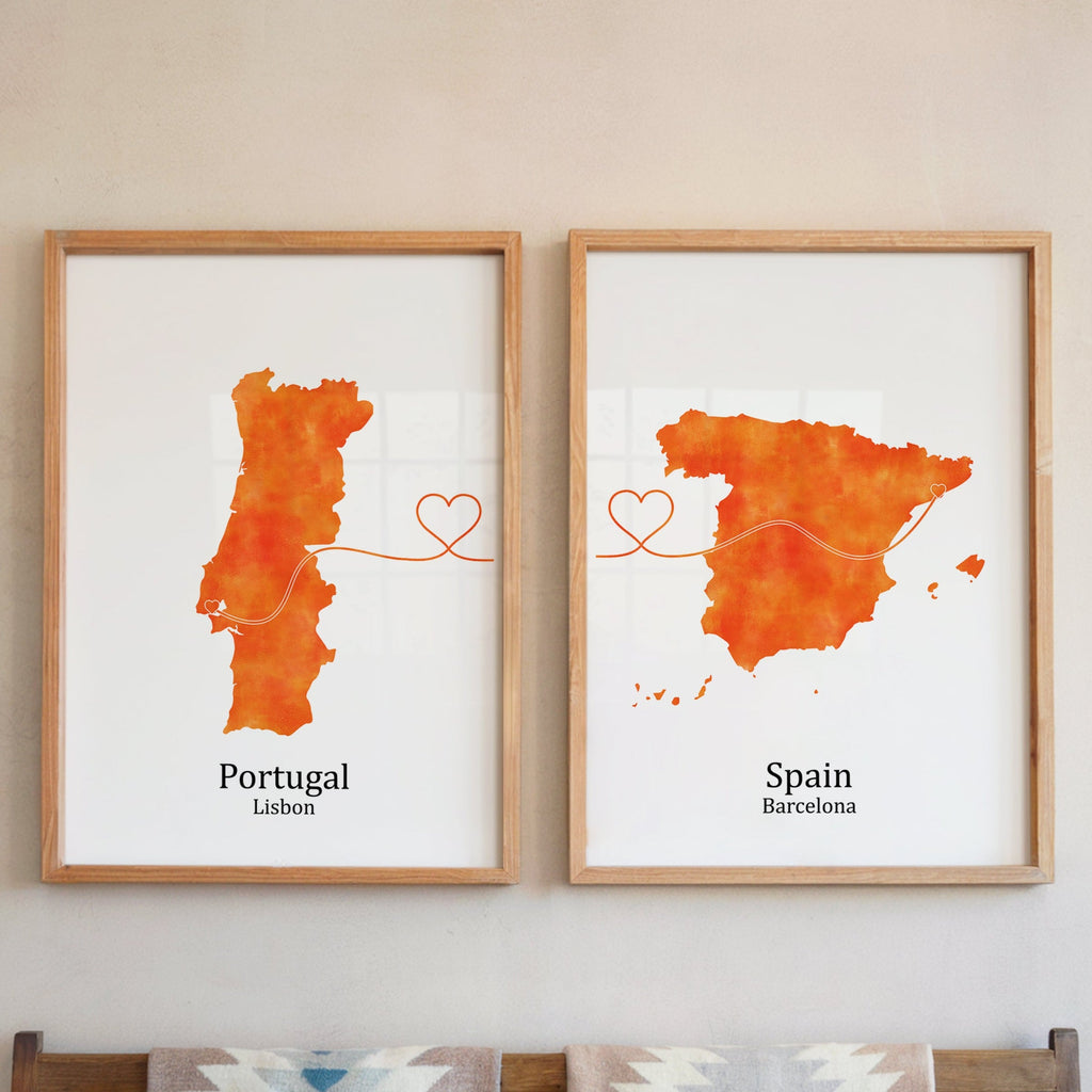 Personalized Country Travel Art Prints – Set of Two Posters – Heart Link Design