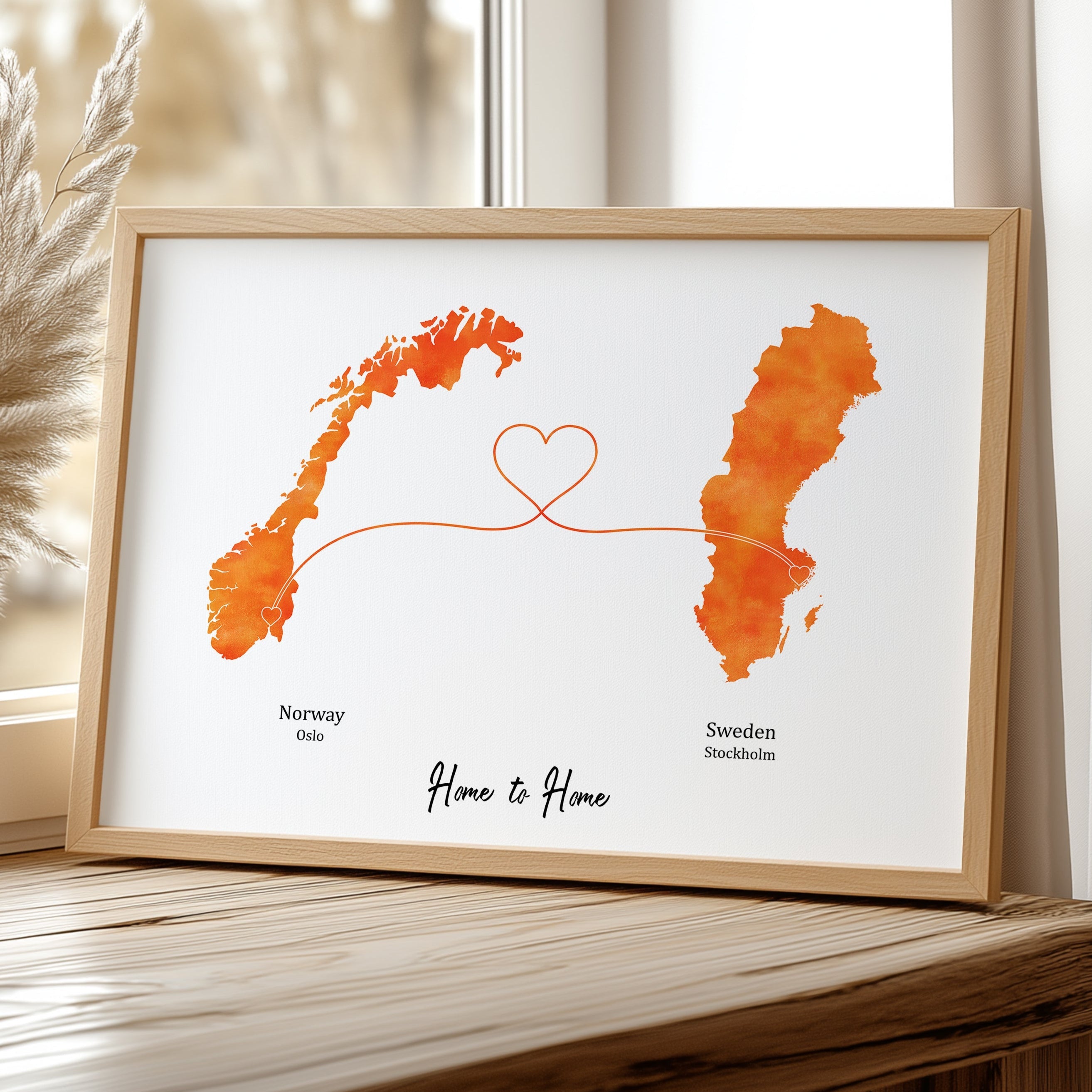 Personalised Travel Map Print – Any Two Locations – Heart Link Design