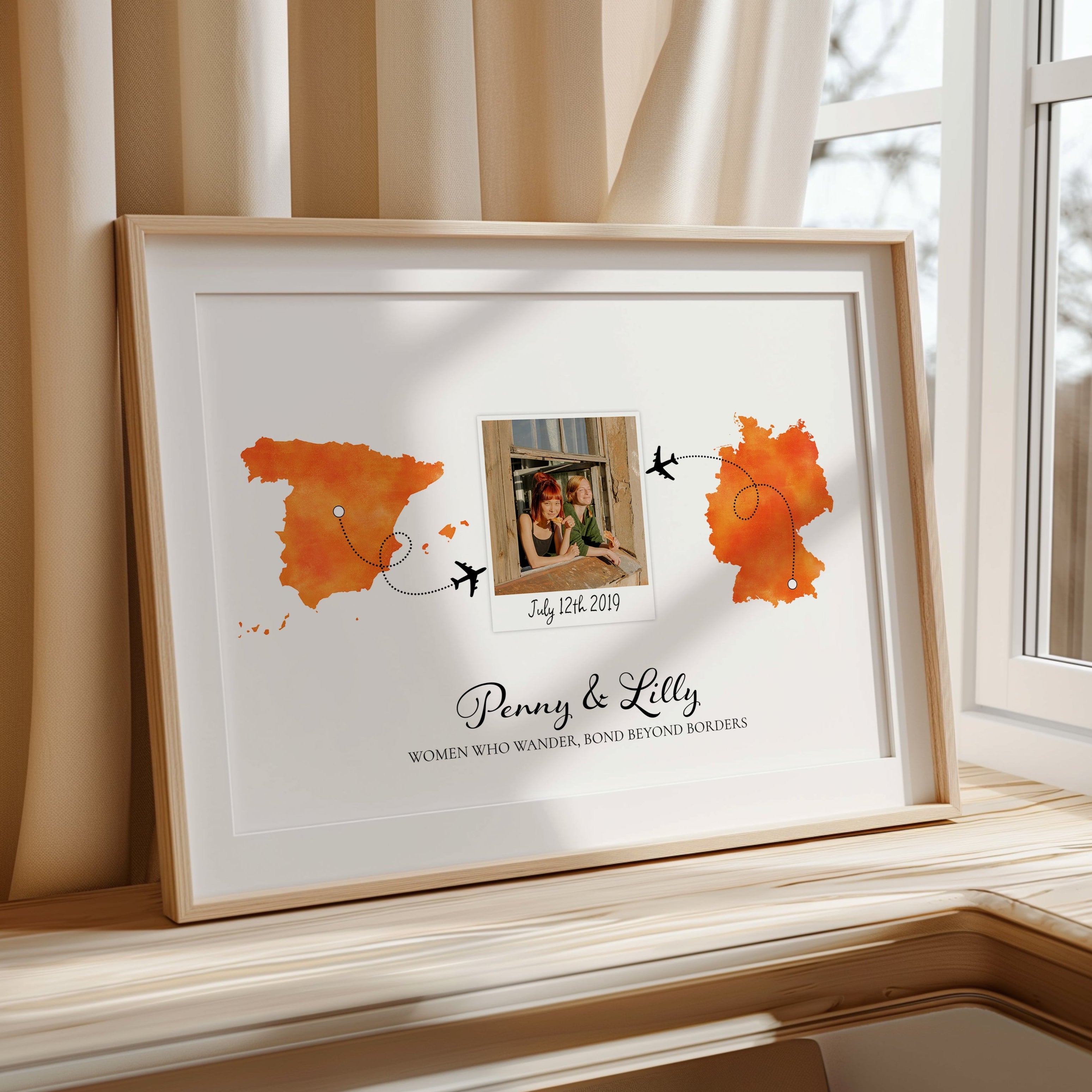 Personalised Polaroid Photo Travel Map Print – Any Two Locations – Perfect Gift for Friends Abroad