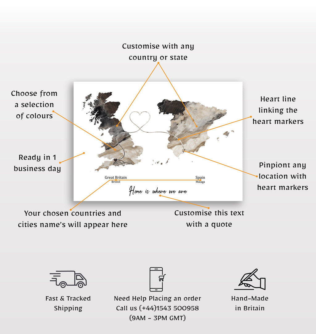Personalised two location Print 2.0 - Dark Marble Effect - Custom Line