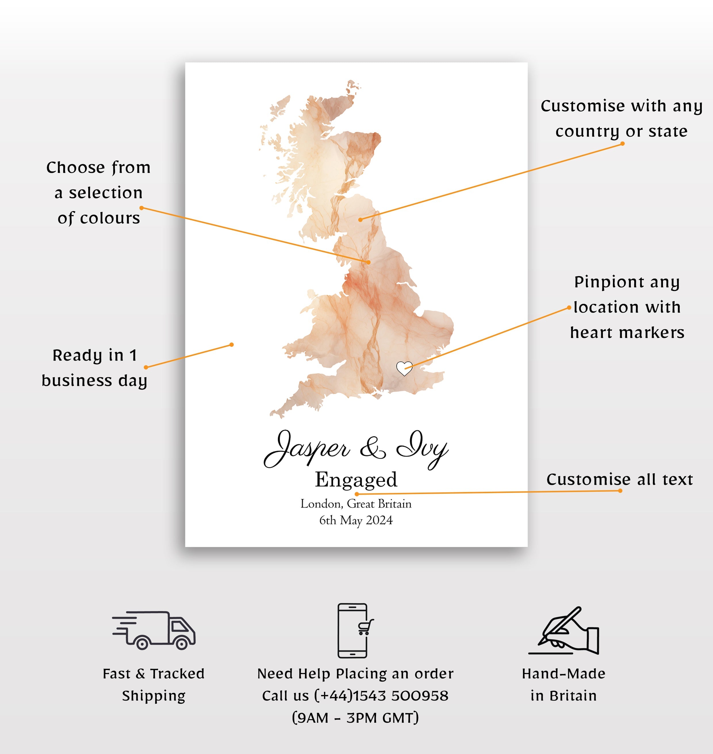 Personalized Engagement Light Marble Effect Map Print - Any Country