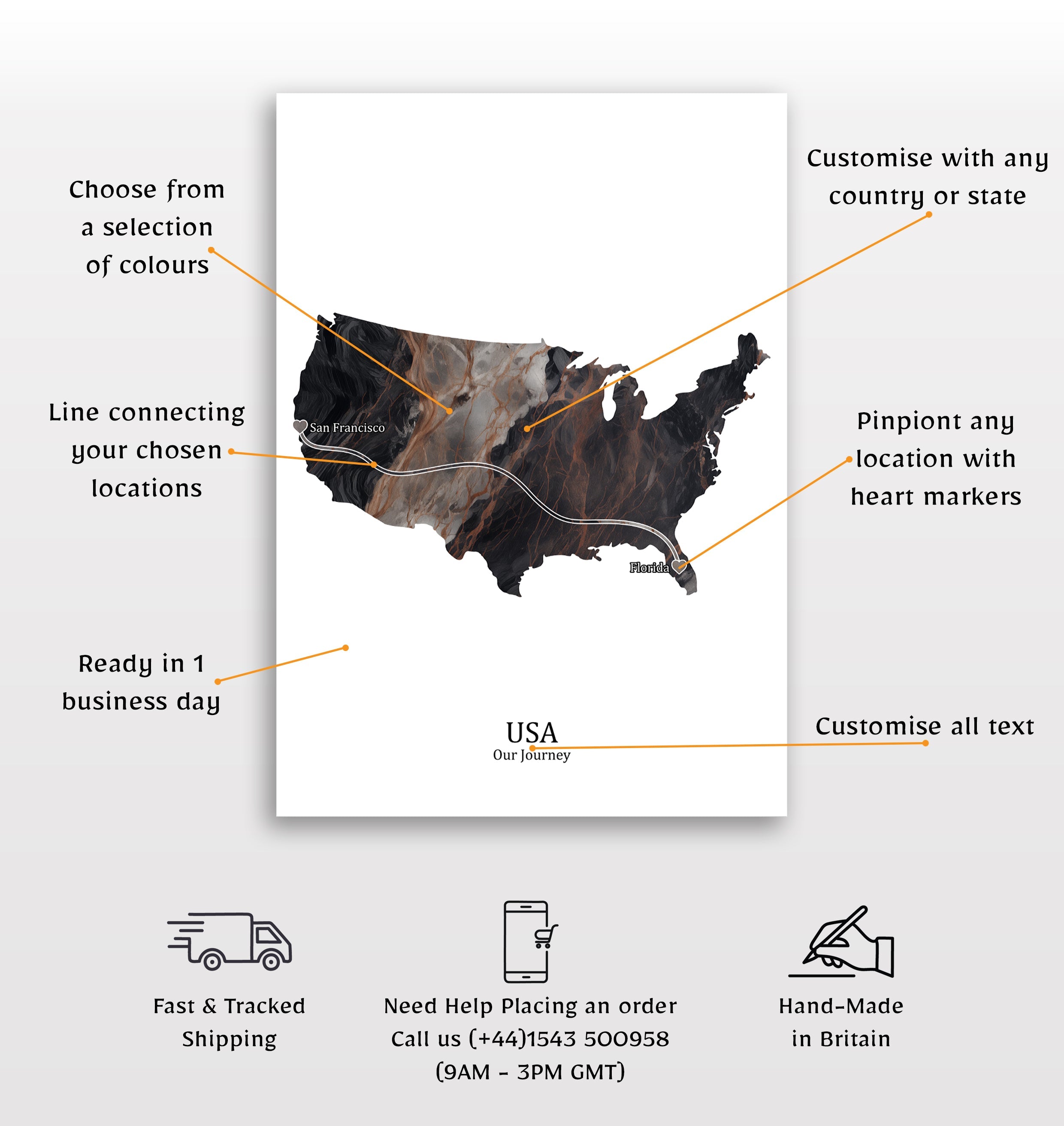 Personalized Dark Marble Effect Map Print - Any Country