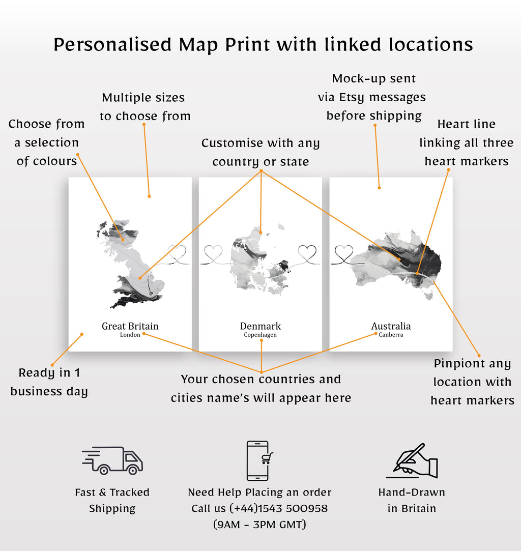 Personalised Light Marble Effect Three Location Prints