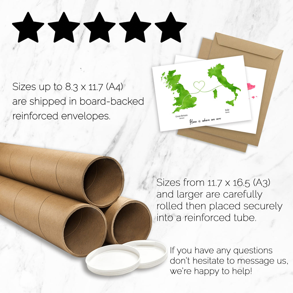 Personalised Travel Map Print – Any Two Locations – Heart Link Design